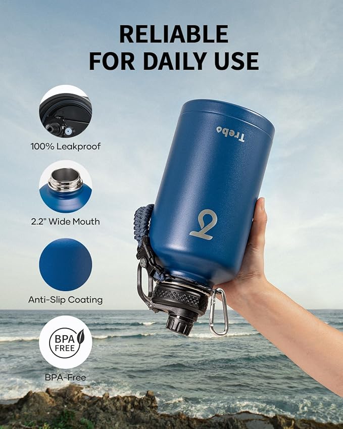 Trebo Water Bottle 64oz with Paracord Handle, Half Gallon Large Vacuum Triple Wall Stainless Steel Insulated Water Jug with Holder Strap Straw Spout Lids, Leakproof Keep Cold & Hot,Classic Blue