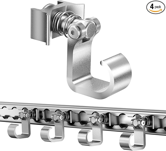 4 Pack L Track Hooks with Single Stud Fitting, Spring-Loaded Adjustable Gear Hook, Aluminum L Track Accessories for Trailer, Truck, Garage, Tie Down System, 100LBS Max Load Capacity – Silver
