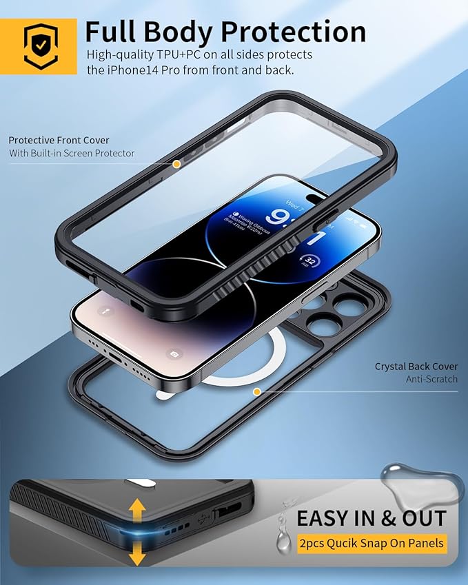 Lanhiem Magnetic for iPhone 14 Pro Max Case, Waterproof Dustproof Case with Built-in Screen Protector Compatible with Magsafe, Full Body Protective Cover for iPhone 14 Pro Max 6.7 inch -Black
