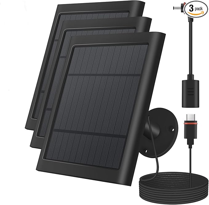 Paodekua 3 Pack 4W Solar Charger for Spotlight & Stick Up Outdoor Cam, Black, High Efficiency, 10FT/3M Long Cable with USB-C to Barrel Plug