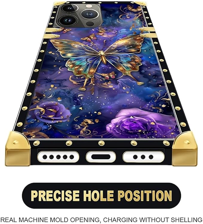 Compatible with iPhone 16 Pro Max Case, Glistening Golden Butterfly Vibrant Purple Blue Luxury Golden Decoration for Girl Women Soft TPU Shockproof Protective PC Back