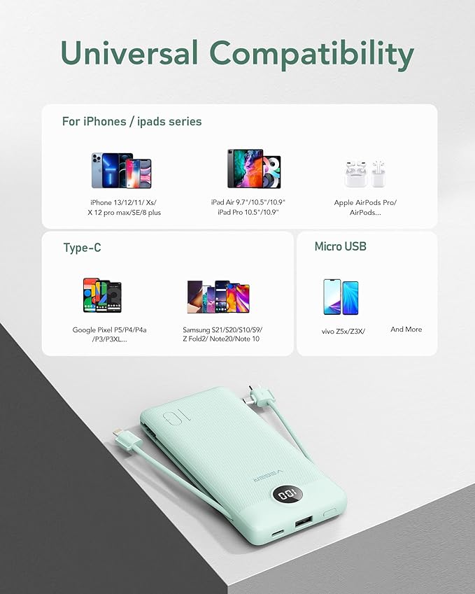 VEGER Portable Charger with Built-in AC Plug and Cables, All in One 10000mAh Ultra Slim Power Bank Travel Essentials, Fast Charging Battery Pack Compatible with iPhone, Samsung, Android (Green)