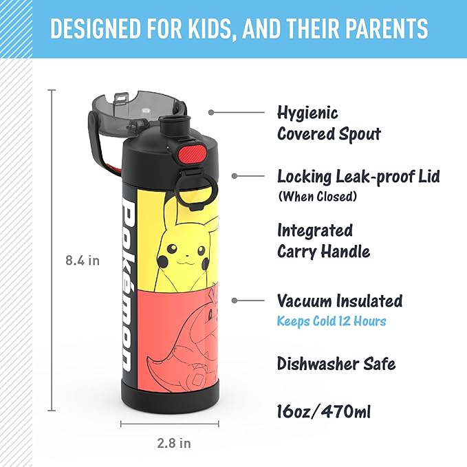 THERMOS FUNTAINER 16 Ounce Stainless Steel Vacuum Insulated Bottle with Wide Spout Lid,Pokemon,(Pack of 6)