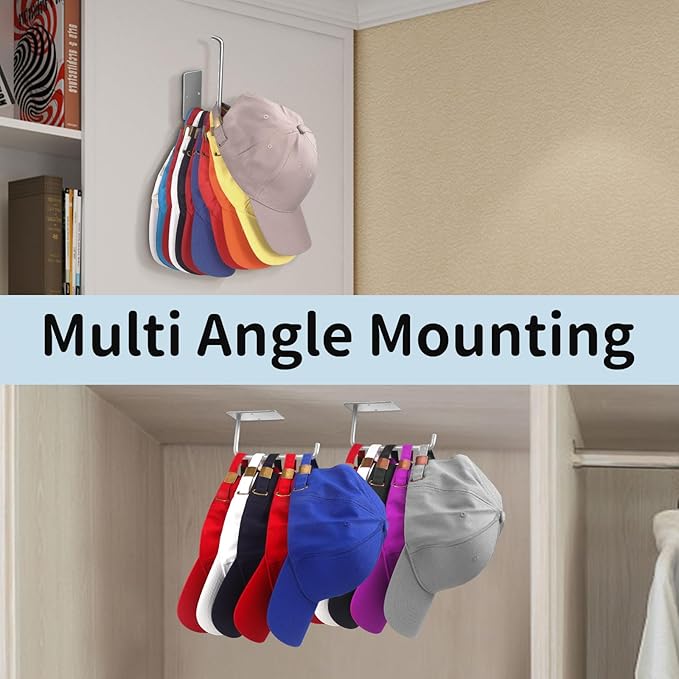 Hat Racks for Baseball Caps 4 Pack, Stainless Steel Adhesive Hat Hanger Hooks Holder for Wall, Multi-Purpose Strong Hook Organizer Can Hold More Than 40 Hats for Door/Closet