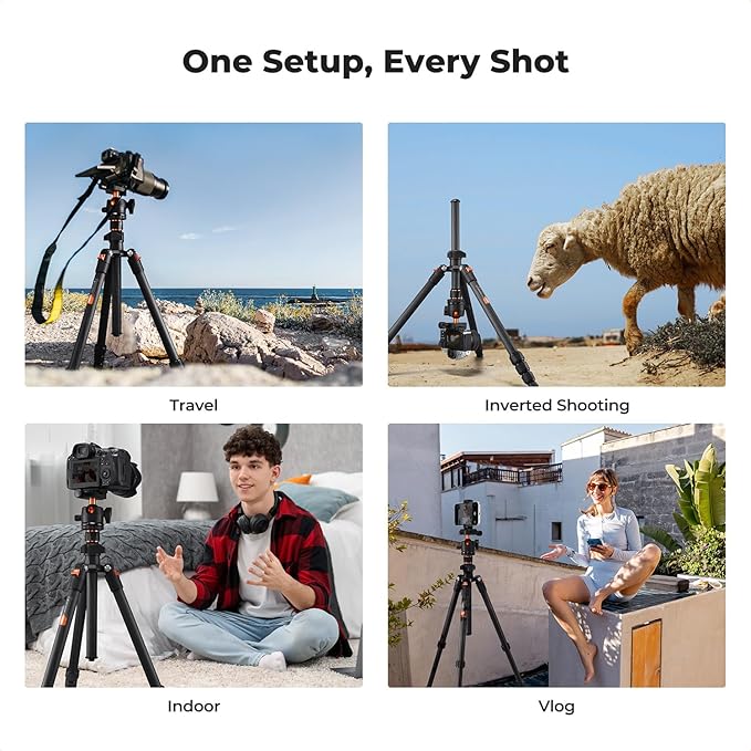 K&F CONCEPT 64" Carbon Fiber Camera Tripod,Lightweight Travel Tripod with 36mm Metal Ball Head Load Capacity 17.6lbs, Quick Release Plate,for DSLR Cameras Indoor Outdoor Use O254C2+BH-36