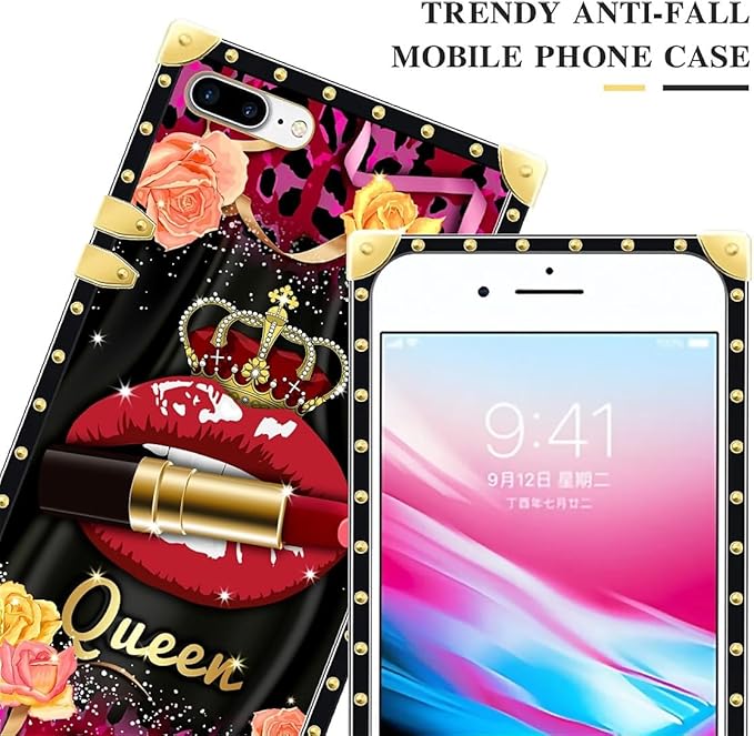 Compatible with iPhone 8 7 SE Case, Queen Lip Crown Leopard Print Luxury Golden Decoration for Girl Women Soft TPU Shockproof Protective Hard PC Back for iPhone 8 7 SE