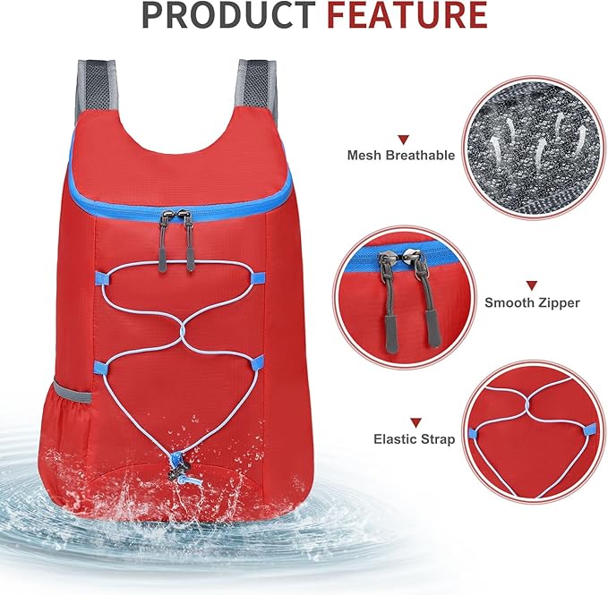 20L Hiking-Daypack Lightweight Foldable Travel Packable Backpack for Camping Cycling Outdoor, Red