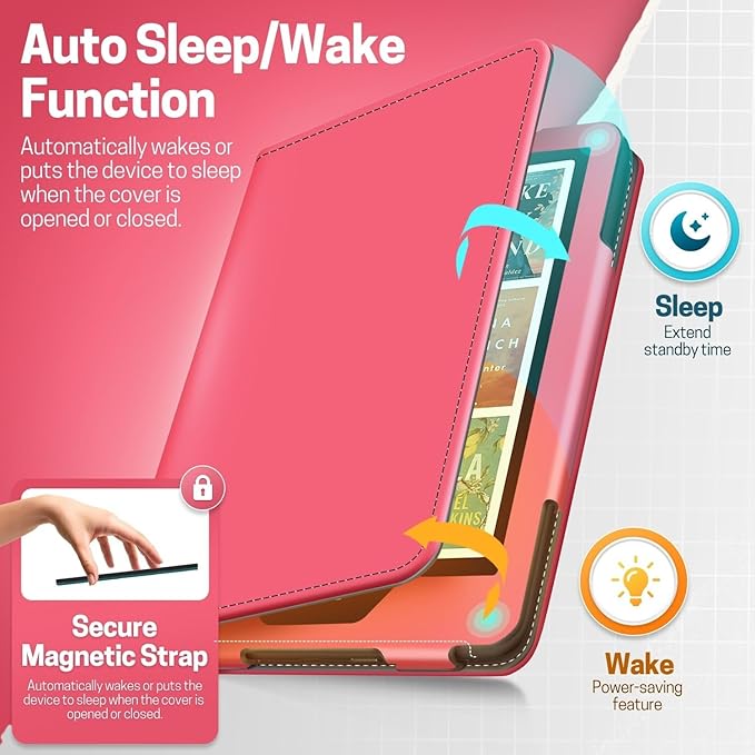 TNP Stand Case for Kindle Paperwhite 12th Generation 2024 / Kindle Colorsoft Signature Edition with Hand Strap & Card Slot - 7" PU Leather Protective Folio Cover with Auto Wake/Sleep, Light Pink