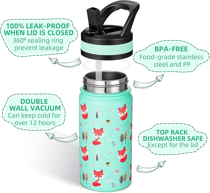 Fanhaw 14 Oz Kids Insulated Water Bottle with Straw - Stainless Steel Double Wall Vacuum Cup, Leakproof, BPA Free, Suitable for Boys and Girls(Green - Little Fox)