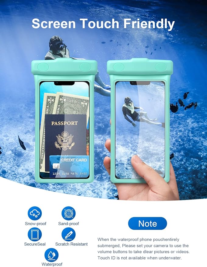 wellhouse Waterproof Phone Pouch, Waterproof Phone Case for iPhone 17 16 15 14 13 Pro Max XS Samsung, IPX8 3D Cellphone Dry Bag Beach Essentials (2 Pack -Earl Blue & Green 7.0", 7 inch)