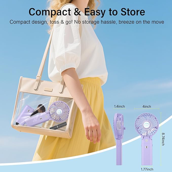HandFan 10400mAh Personal Handheld Fan, 40Hrs Long-Lasted Hand Fan Rechargeable, Mini Cooling Fans Foldable, Heavy Duty Battery Fans Portable for Travel Beach Concerts Cruise Makeup(Purple)