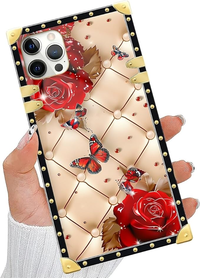 Compatible with iPhone 11 Pro Max Case, Shining Red Rose Butterfly Leather Background Luxury Golden Decoration for Girl Women Soft TPU Shockproof Protective Hard PC Back