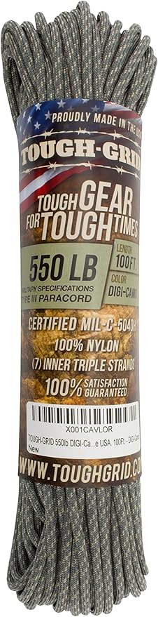 TOUGH-GRID 550 Paracord, Type III Mil-Spec Nylon Rope - 100 Ft Digi-Camo Tactical Survival Cord