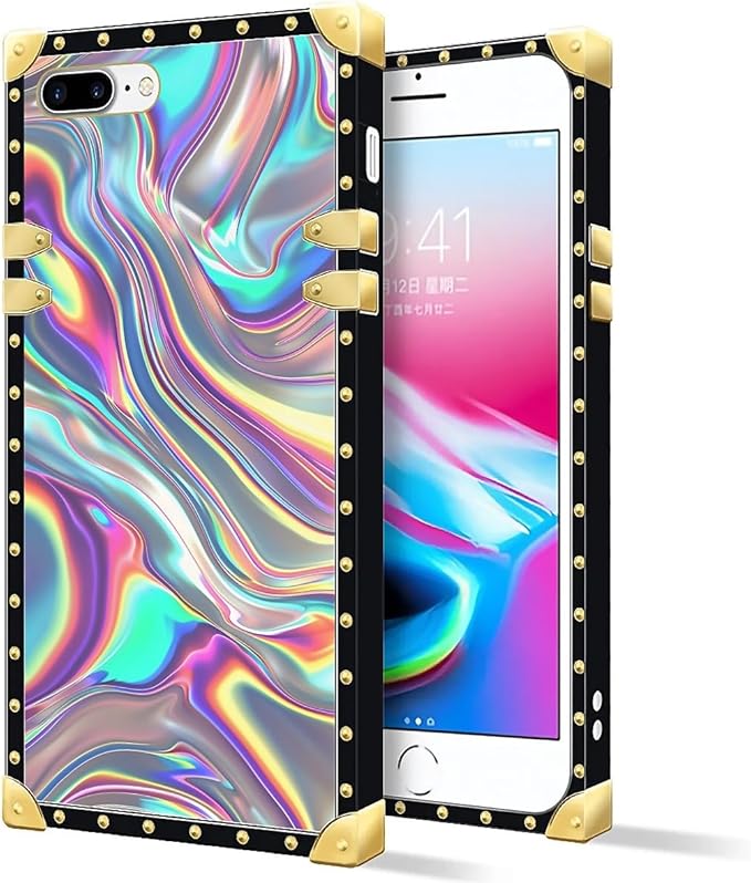 Compatible with iPhone 8 Plus 7 Plus Case, Holographic Abstract Iridescent Textures Luxury Golden Decoration for Girl Women Soft TPU Shockproof Protective Hard PC Back