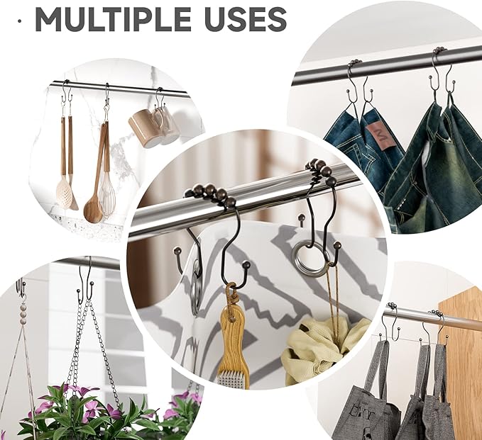 Bathway Shower Curtain Hooks Bronze Shower Curtain Rings Rust Proof Double Hook Shower Curtain Hooks, 12 Pcs Shower Hooks for Shower Curtain, Shower Rings for Curtain Bathroom, Metal Shower Rod Hooks