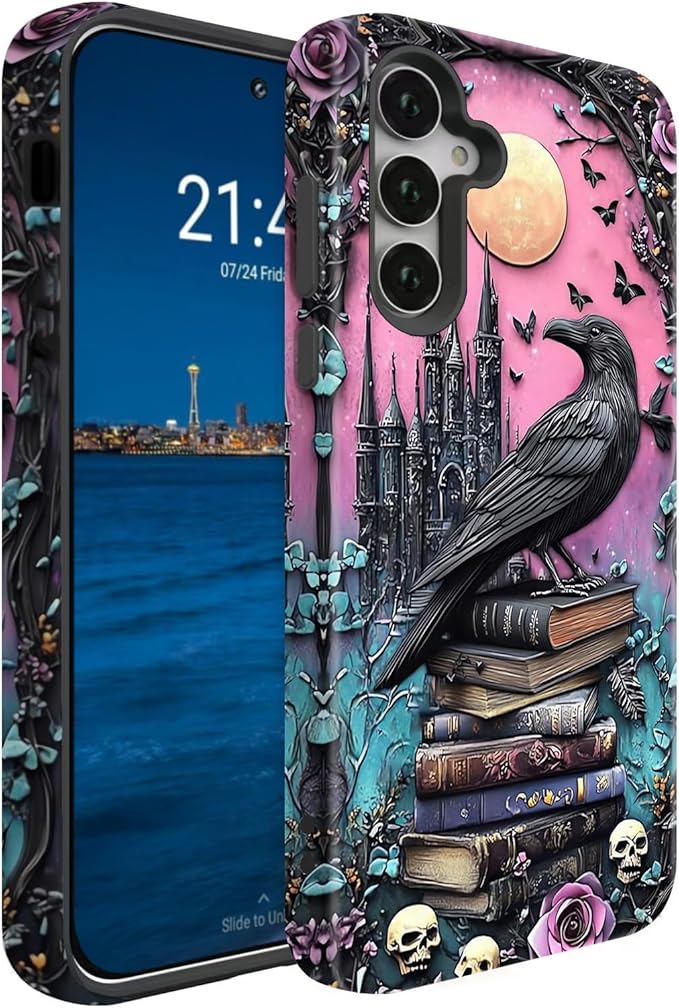 Compatible for Samsung Galaxy A16 5G Case, Dual Layer Heavy Duty 2 in 1 Shockproof Protective Phone Case,Black Raven Bird Rose Book Skulls