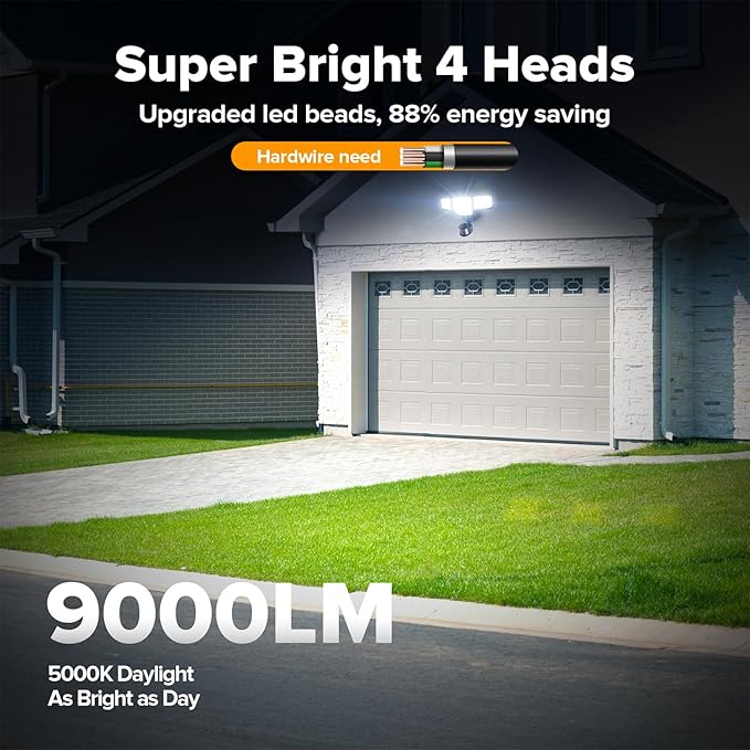 LUTEC 80W 9000LM LED Security Light Hardwire Motion Sensor Outdoor Lights, 4 Head LED Flood Lights Outdoor 5000K Daylight, IP65 Waterproof, Motion Detected Lights for Outside, Garage, Yard (Black)