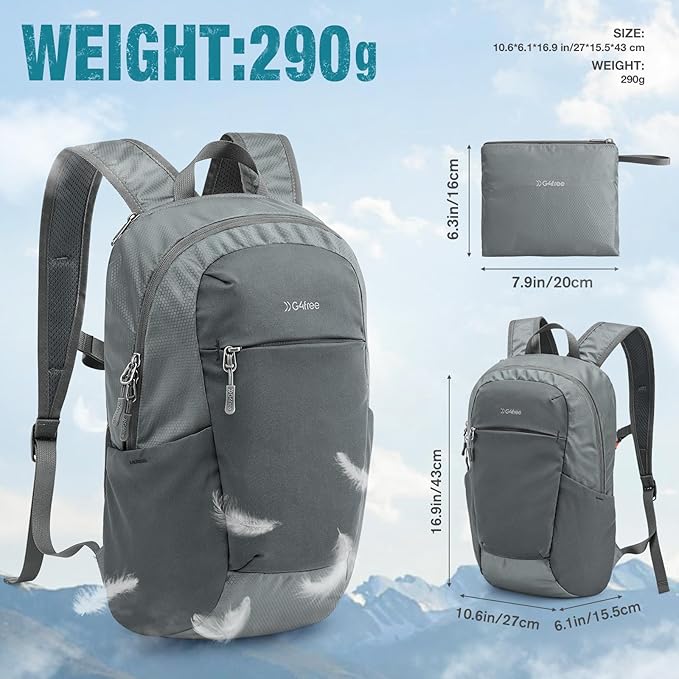 G4Free Small Hiking Backpack 20L Lightweight Foldable Packable Travel Daypack with Thickened Back Panel for Men Women (Grey)