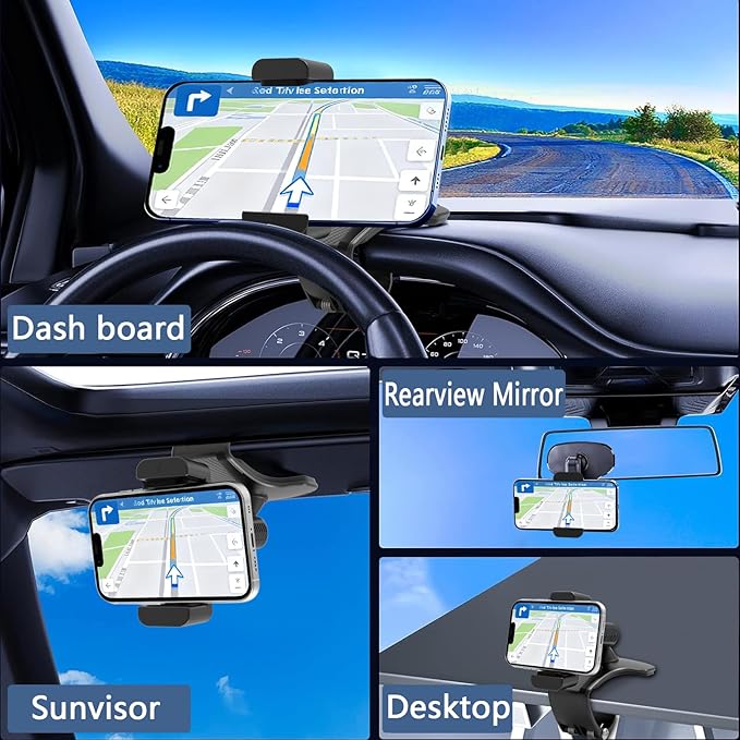 Universal 360 Dashboard Phone Holder, Easily Adjustable No-harm Clip Design Phone Mount for Car Compatible with All 4-7 Inch Smartphones