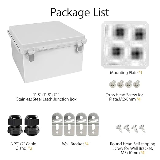 LeMotech Electrical Box, IP67 Waterproof Hinged Cover Stainless Steel Latch Junction Box, ABS Plastic Electrical Enclosure with Mounting Plate,Wall Brackets, Cable Glands, 11.8"x11.8"x7.1", Grey