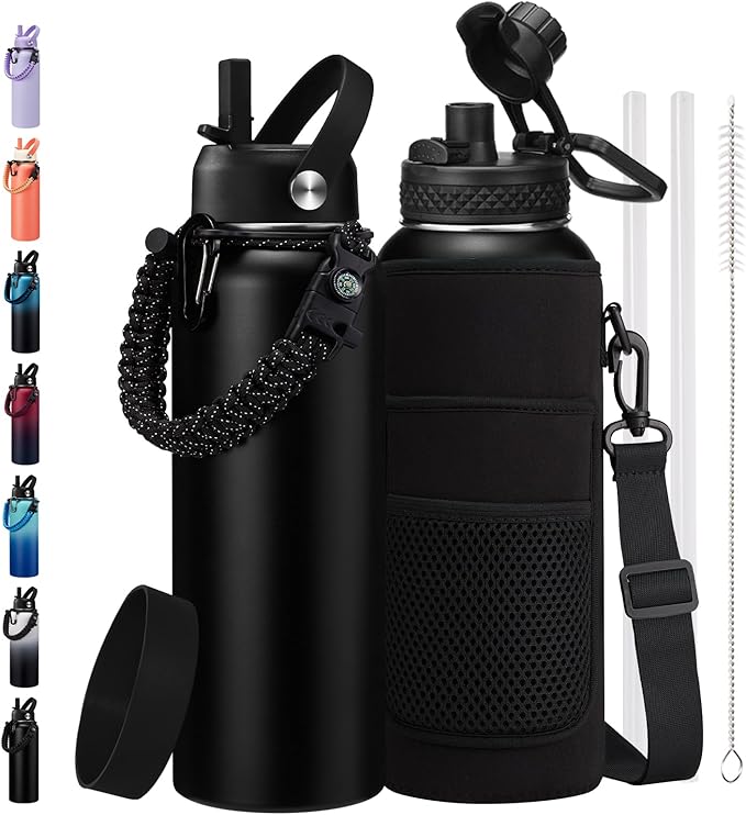 BENZZO Stainless Steel Water Bottle 40oz with Straw & Auto Spout Lids, Paracord Handle, Protective Boot, Insulated Water Bottle Carrier Bag, Keep Cold-48H & Hot-24H Metal Flask Canteen Bottle