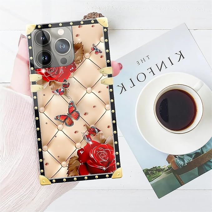 Compatible with iPhone 14 Pro Case, Shining Red Rose Butterfly Leather Background Luxury Golden Decoration for Girl Women Soft TPU Shockproof Protective Hard PC Back for iPhone 14 Pro