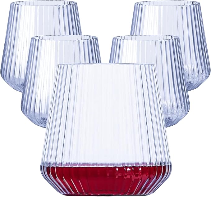 Lueumxc 40 Pack Plastic Ribbed Wine Glasses, 14Oz Origami Disposable Wine Glasses Unbreakable Clear Plastic Cocktail Glasses Recyclable Shatterproof Reusable Wine Cups (14oz-blue-40pack)