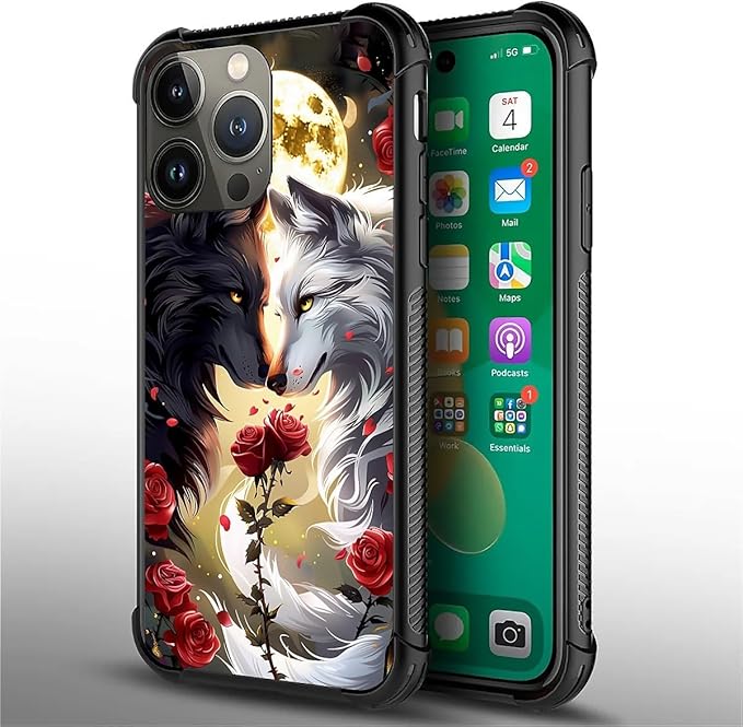 for iPhone 13 Pro Case, Black White Wolf Moon Flower Rose Pattern Graphic Design Girl Boy Soft Silicone Hard Acrylic Shock Protection for iPhone 13 Pro