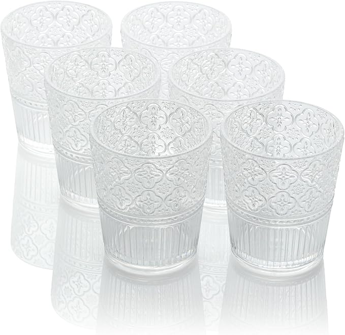 Victoria Clear Set of 6 Premium Acrylic DOF Glass 16 oz – Unbreakable Drinkware with Elegant Embossed Design, Perfect for Indoor & Outdoor Use