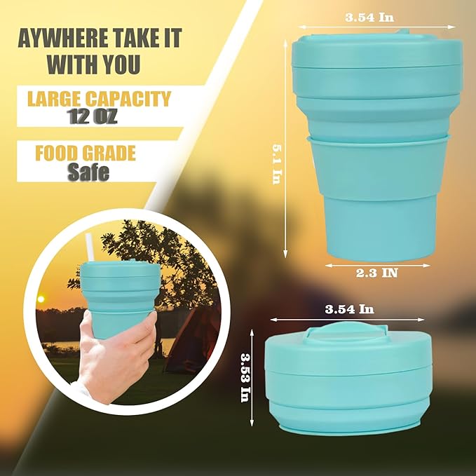 12 oz Collapsible Travel Cup with Lid, Silicone Foldable Drinking Cup for Camping Hiking,Portable Silicone Water Bottle for Hot and Cold Beverages with Straw- Green