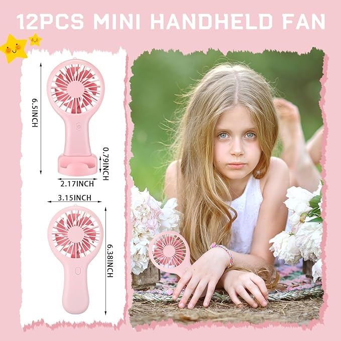 Woanger 12 Pcs Mini Handheld Fan Bulk 3 Speed USB Electric Battery Operated Small Portable Pocket Fan with Data Cable and Mounting Base Quiet Summer Gift for Wedding Camping Travel(Pink)