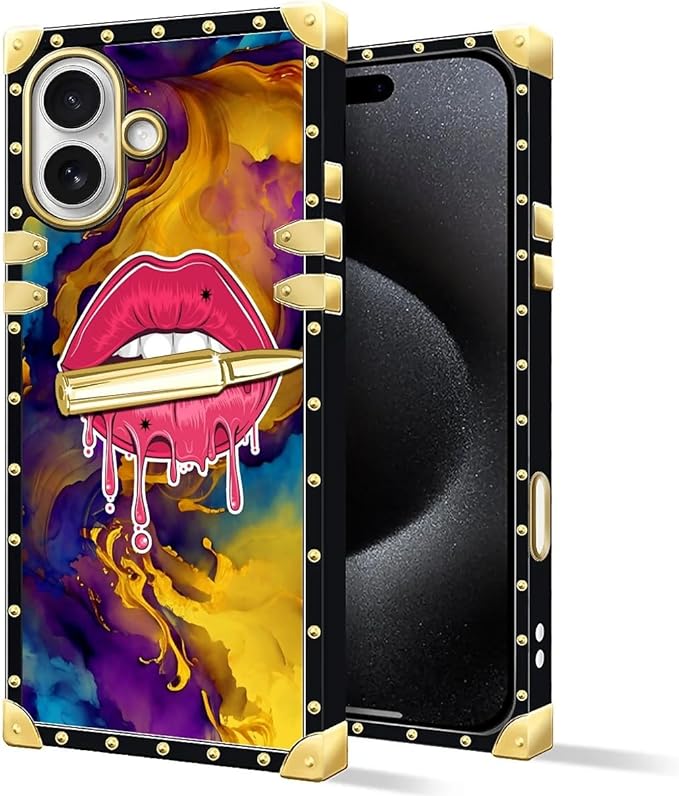 for iPhone 17 Case Luxury Golden Decoration for Girl Women Soft TPU Shockproof Protective Hard PC Back for iPhone 17 Crazy Pattern Cool Corlorful Lip Marble