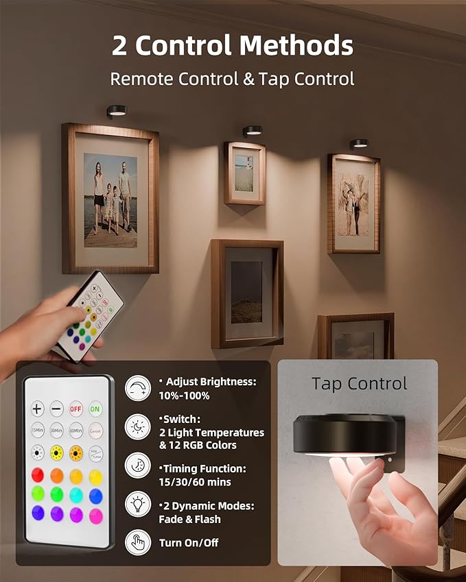 EZVALO Picture Lights for Wall, 2000mAh Rechargeable Battery Magnetic Poster Lights with 3 Color Temps & 12 RGB, Remote Dimmable Timer Painting Light, Wall Decor Light for Art Display, Frame (3 Pack)