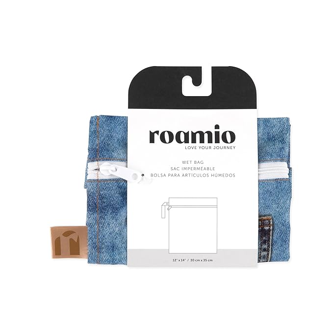 Bumkins Roamio Waterproof Wet Bag for Baby, Travel, Swim Suit, Cloth Diapers, Pump Parts, Pool, Beach, Gym Clothes, Toiletry, Hook to Stroller, Daycare, Zipper Wetdry Packing Pouch, Faux Pocket Denim