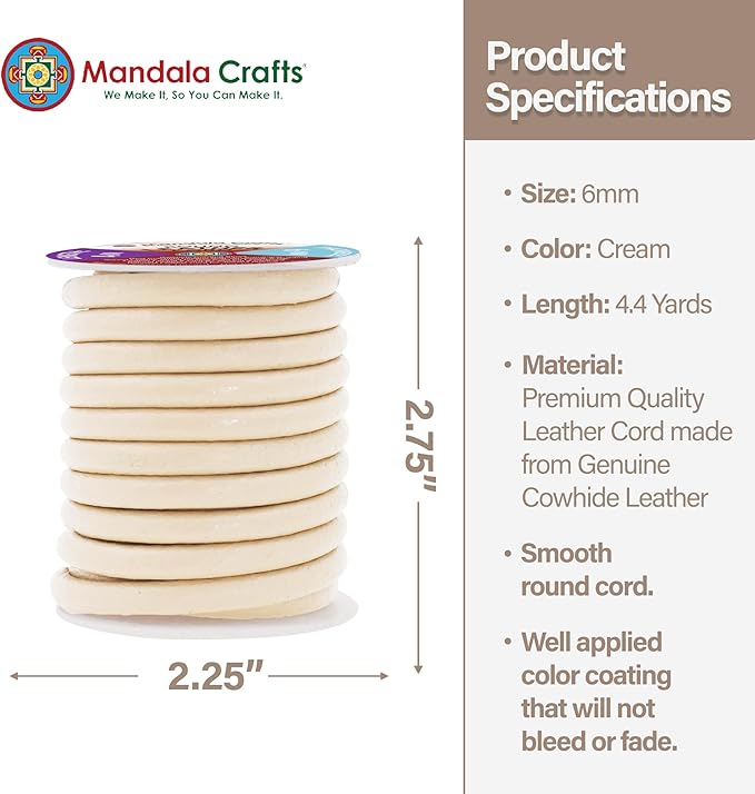 Mandala Crafts Round Genuine Cream Leather Cord for Jewelry Making – 6mm Cowhide Leather Rope String Lace for Kumihimo – 4.4 Yards Cowhide Craft Cording Spool