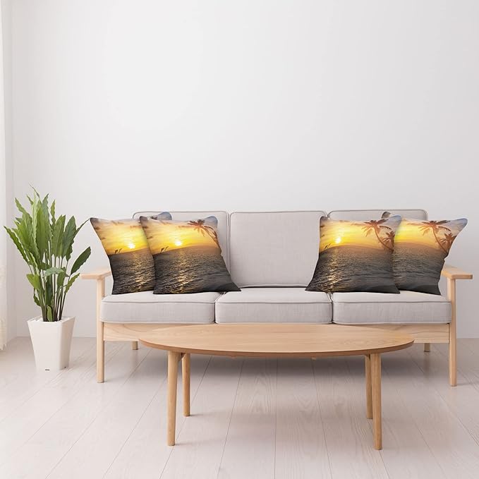 Ambesonne Beach Decorative Throw Pillow Case Pack of 4, Palm Trees in Tropical Island Beach Jumping Fishes and Majestic Sunset Image, Cushion Cover for Couch Living Room Car, 18", Bluegrey Yellow