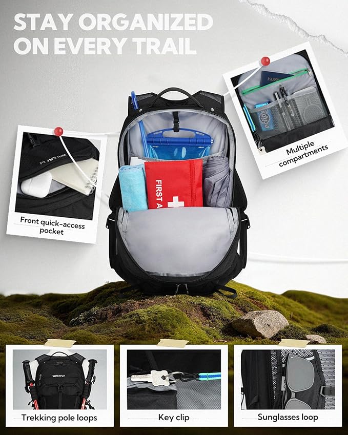 WATERFLY Small Lightweight Hiking Backpack: 20L Outdoor Daypack with Phone Pocket, Hydration Compatible, Breathable Backpanel, Multi-Compartment for Camping Trekking Travel Women Men