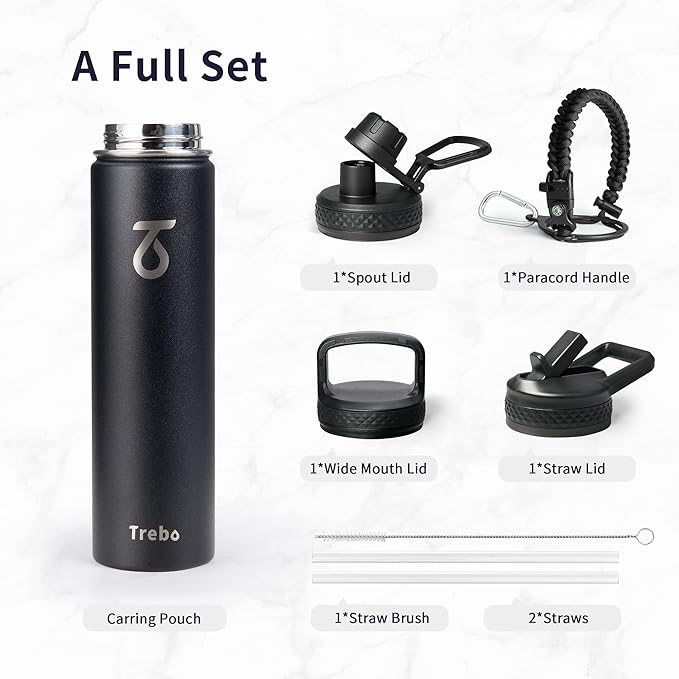 Trebo 24 oz Water Bottle Insulated with Lid and Straw,Triple Wall Vacuum Stainless Steel Metal Tumbler Sports Flask with Paracord Handle, Keep Hot 24 Hours & Cold 48 Hours Water Cup with 3 Lids, Black