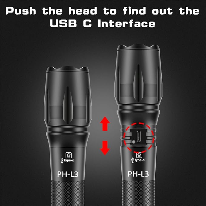 PHIXTON Rechargeable Flashlights High Lumens, USB C Chargeable LED Flashlight, Bright Strong Handheld Flash Lights, Long Lasting, Adjustable Focus, 5 Modes, for Emergencies Hiking Gift