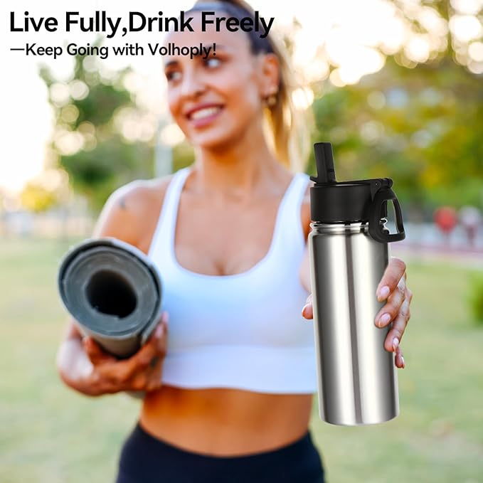 Volhoply 18oz Insulated Water Bottle Bulk 2 Pack,Kids Stainless Steel Water Bottles with Straw,Double Wall Vacuum Metal Water Bottle,Reusable Sports Water Flask For Cold Drink(Silver,2 Set)