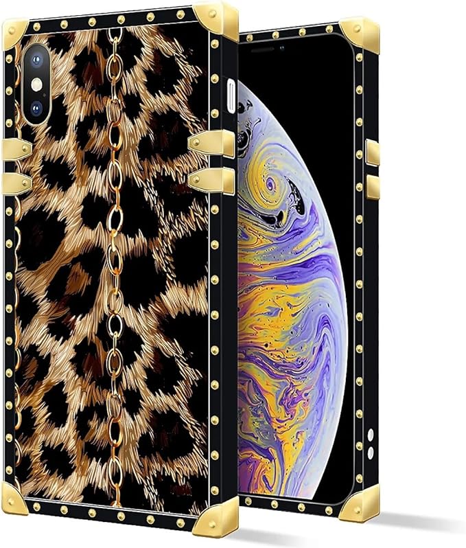 Compatible with iPhone Xs Max Case, Seamless Gold Chain Leopard Luxury Golden Decoration for Girl Women Soft TPU Shockproof Protective Hard PC Back for iPhone Xs Max