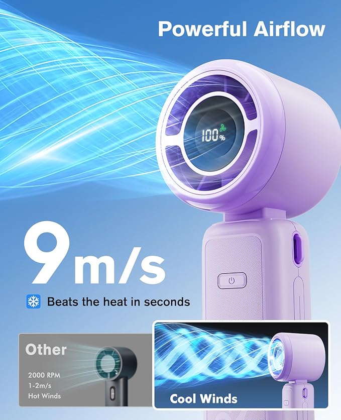WHATOOK Portable Personal Handheld Fan: High Speed Cooling Fan, 12 Hours Battery Life, USB Rechargeable, Small Essentials for Women Cruise Travel, Beach Vacation (Purple)