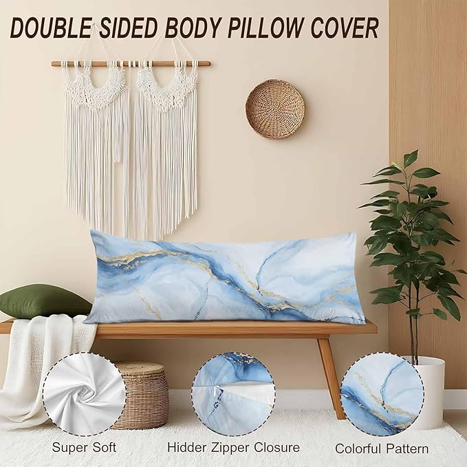 Couch Pillows Decorative Body Pillow Cover Marble, Abstract Marble Blue Gold Veins Rectangle Body Pillowcase for Men Women, Body Pillow Covers 20" X 54" Cushion Cases for Sofa Bed