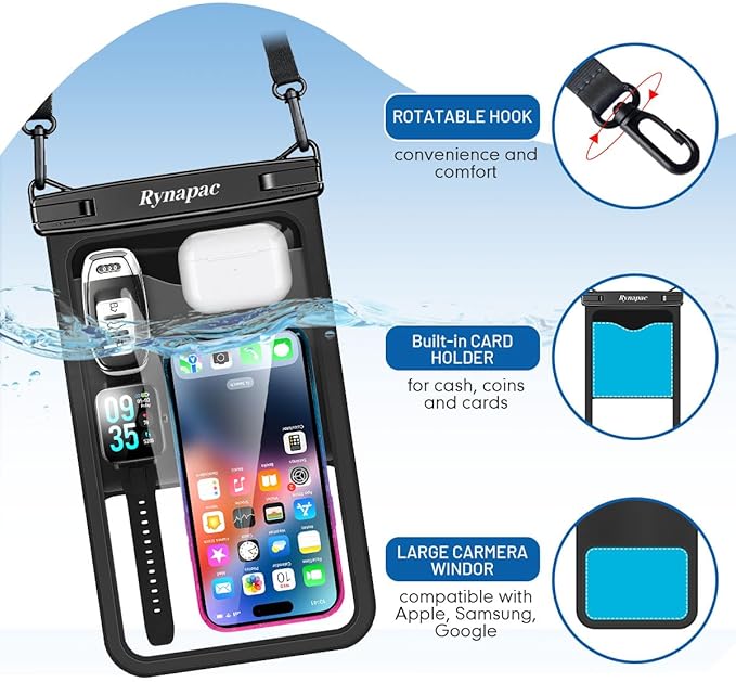 Rynapac [Up to 10" Large Waterproof Phone Pouch - 2 Pack IPX8 Waterproof Phone Case for iPhone 17 16 15 Pro Max Galaxy S26 Ultra, Touchscreen & Underwater Photography, Beach Cruise Travel Essentials