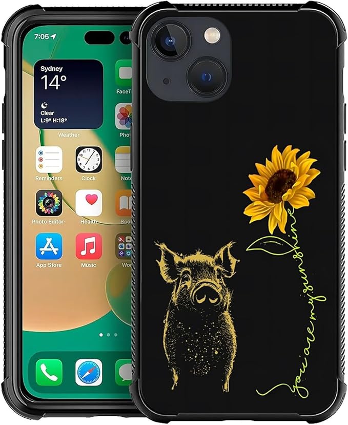 for iPhone 14 Case, Pig Sunflower Yellow Sunshine Pattern Graphic Design Girl Boy Soft Silicone Hard Acrylic Shock Protection for iPhone 14