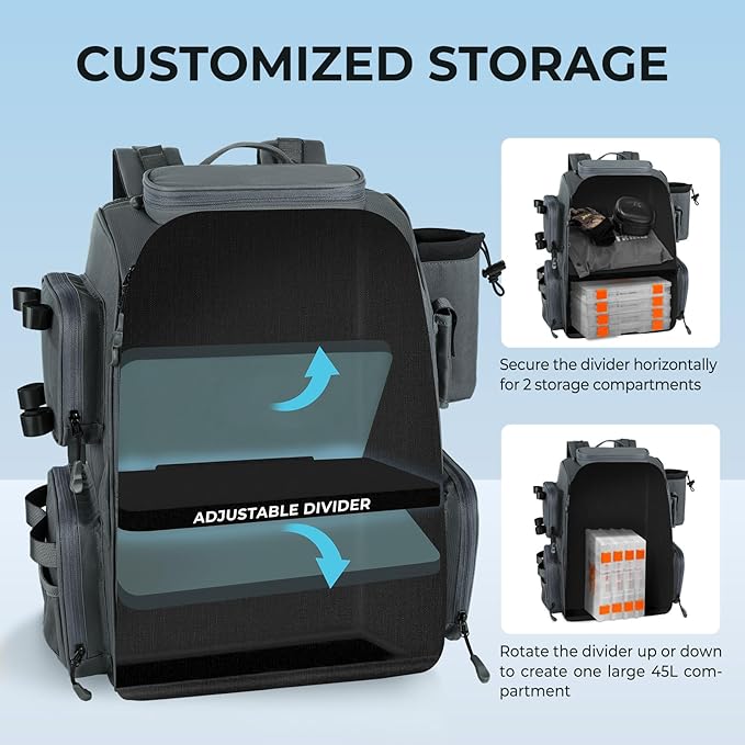 KastKing Bait Boss Fishing Tackle Backpack with Rod Holders-4 Tackle Boxes-Rain Cover,45/43L Large Storage for Fishing Gear