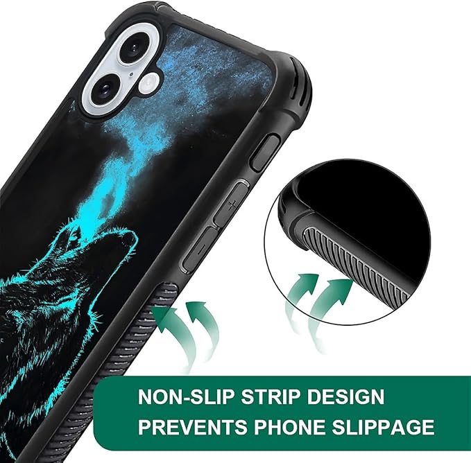 for iPhone 16 Case, Blue Breathing Wolf Pattern Graphic Design Girl Boy Soft Silicone Hard Acrylic Shock Protection for iPhone 16