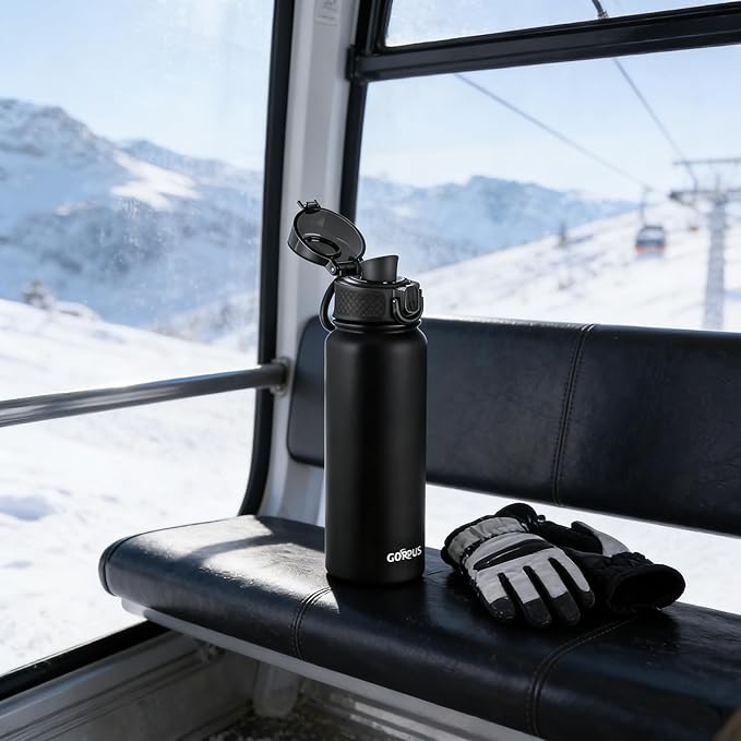 GOPPUS Insulated Water Bottle 20oz Stainless Steel BPA-Free Sports Bottle Ideal for School and Travel Silicone Spout Lid Prevents Leaks, Sweat, and Dust (Black)