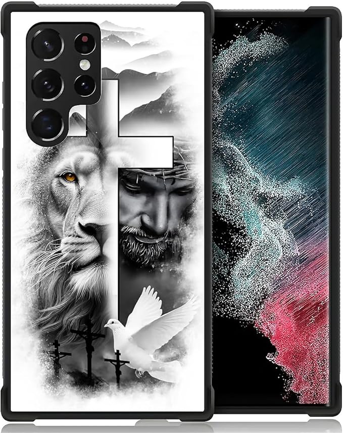 for Samsung Galaxy S22 Ultra Case, Lion Cross Jesus Christ Dove Pattern Graphic Design Girl Boy Soft Silicone Hard Acrylic Shock Protection for Samsung Galaxy S22 Ultra