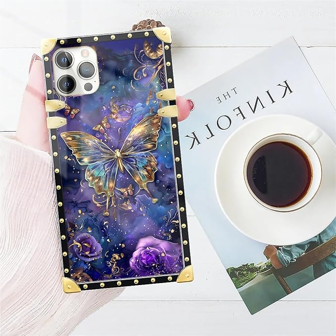 Compatible with iPhone 11 Pro Max Case, Glistening Golden Butterfly Vibrant Purple Blue Luxury Golden Decoration for Girl Women Soft TPU Shockproof Protective Hard PC Back